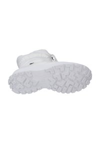 Stivale isolato bianco con suola in gomma testurizzata. Presenta una punta arrotondata e una chiusura con zip sul lato, progettato per il calore e la trazione.