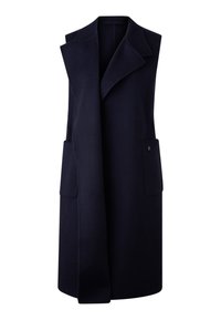 Navy sleeveless coat made of soft fabric, featuring a notched collar, front pockets, and a clean, minimalist design.