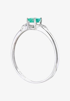 Hõbedane rõngas, millel on silmapaistev teal värvi gemstone, paigaldatud siledale bändile, mille külgedel on kaunistuseks väikesed teemandid. Sile ja poleeritud viimistlus.