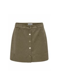 Minifalda de ante verde oliva con cintura ajustada, cierre frontal de botones y cinco botones metálicos. Textura suave con un diseño limpio y sencillo.