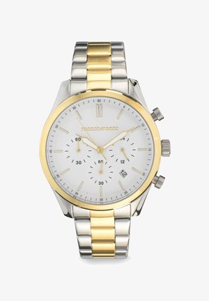 Orologio cronografo in acciaio inossidabile con bracciale in argento e oro, quadrante bianco, accenti dorati e indicazione della data a ore 6.