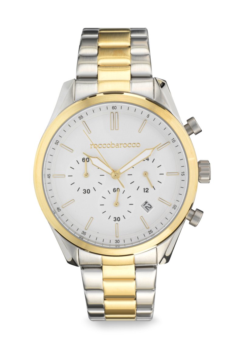 Roostevabast terasest kronograafkell, millel on hõbedane ja kuldne rihm, valge kellapeegel, kuldsed detailid ja kuupäeva näidik kell 6-as.