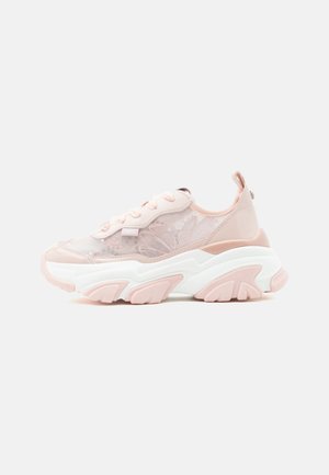 Chunky sneaker in pale pink with mesh fabric, floral pattern, sequins, thick white sole with pink tread, and lace-up closure.