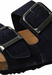 Sandalo in suede blu scuro con due fibbie regolabili, soletta in sughero e suola in gomma nera testurizzata. Adatto per un look informale.