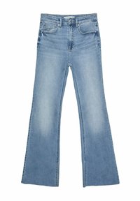 Lichtblauwe flare-jeans van denim, met een klassieke vijf-pocketontwerp, middelhoge taille en een vervaagde textuur op de benen.