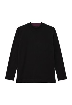 Schwarzes Langarmshirt mit Rundhalsausschnitt und geripptem Kragen, mit glatter Textur und simplem Design, ohne sichtbare Muster oder Akzente.