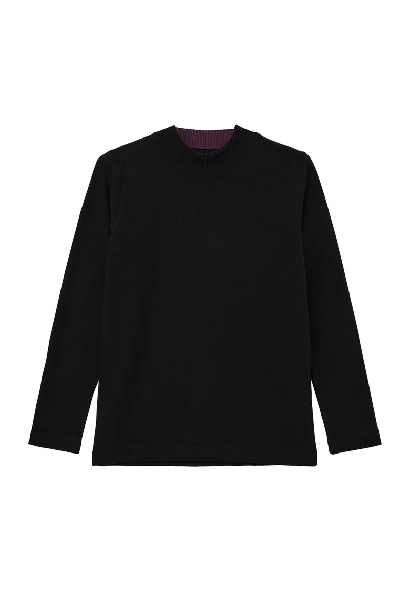 Schwarzes Langarmshirt mit Rundhalsausschnitt und geripptem Kragen, mit glatter Textur und simplem Design, ohne sichtbare Muster oder Akzente.