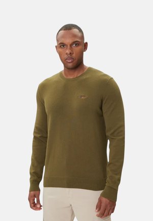 Uomo che indossa un maglione a maniche lunghe verde oliva con un piccolo logo ricamato sul petto, abbinato a pantaloni beige chiari.