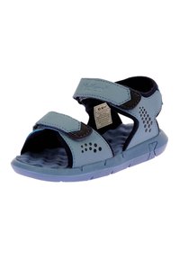 Sandalia azul y negra con correas de Velcro ajustables, acentos perforados, plantilla texturizada y suela de goma flexible para mayor comodidad y ventilación.