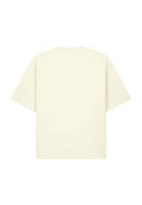 Schlichtes, cremefarbenes T-Shirt mit kurzen Ärmeln und rundem Ausschnitt, von hinten auf weißem Hintergrund dargestellt.