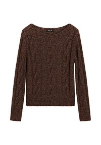 Maglione marrone a maglia cable con maniche lunghe, scollo ampio e orlo a coste. Realizzato in filato testurizzato con un motivo uniforme e spesso.