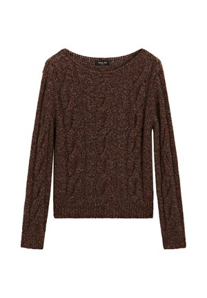 Maglione marrone a maglia cable con maniche lunghe, scollo ampio e orlo a coste. Realizzato in filato testurizzato con un motivo uniforme e spesso.
