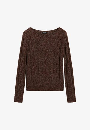 Maglione marrone a maglia cable con maniche lunghe, scollo ampio e orlo a coste. Realizzato in filato testurizzato con un motivo uniforme e spesso.