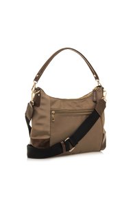 Sac à épaule en tissu marron avec une texture lisse, doté d'un zip en haut, de quincaillerie dorée et d'une bandoulière noire amovible.