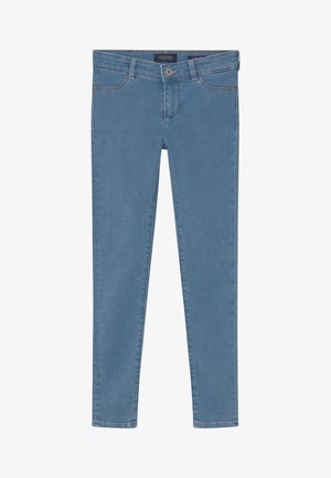 Jasnoniebieskie dżinsy skinny o gładkiej fakturze, pięciokieszeniowym wzorze i kontrastowym szyciu. Posiadają małe metalowe zapięcie.