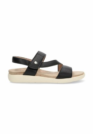 Sandalias negras con tiras de cuero texturizado, diseño de tiras cruzadas, respaldo ajustable y una suela acolchada de color claro.
