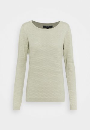 Pull tricoté vert clair à manches longues avec un motif texturé subtil en forme de losange et un col rond, présenté sur fond blanc uni.