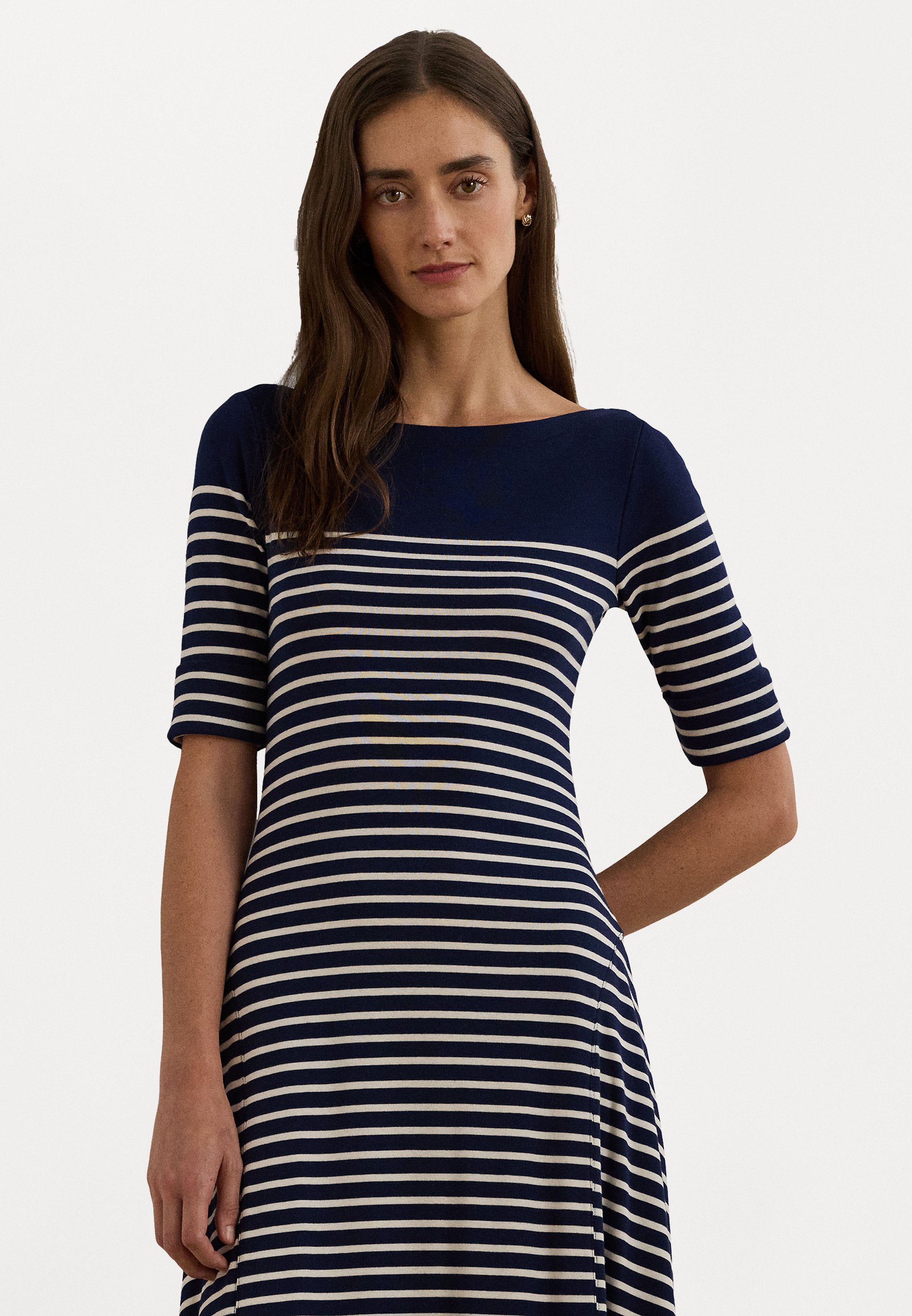 a line midi floral dress Floral Multicolor Stripe Cotton Midi Dress