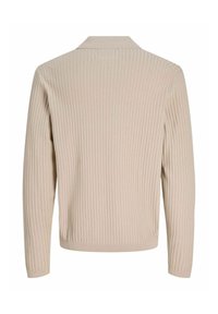 Pull beige à manches longues en maille côtelée avec col, vu de dos, doté d’un ourlet droit et de poignets ajustés.