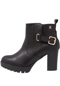Sorte læder ankelstøvle med kraftig høj hæl, rillet sål, sidespand og et lille guld "R" logo nær toppen.