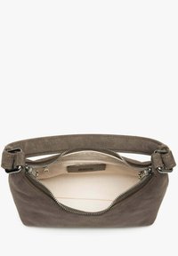 Brown suede handbag with a short strap, open top zipper revealing beige fabric interior and an inner zippered pocket.
