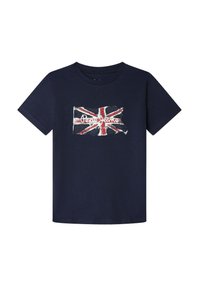 Marineblå bomulds t-shirt med et slidt Union Jack-flagdesign og teksten "Pepe Jeans London" under flaget. Korte ærmer, rund hals.