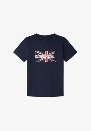 Camiseta de algodón azul marino con un diseño desgastado de la bandera de la Union Jack y el texto "Pepe Jeans London" debajo de la bandera. Mangas cortas, cuello redondo.