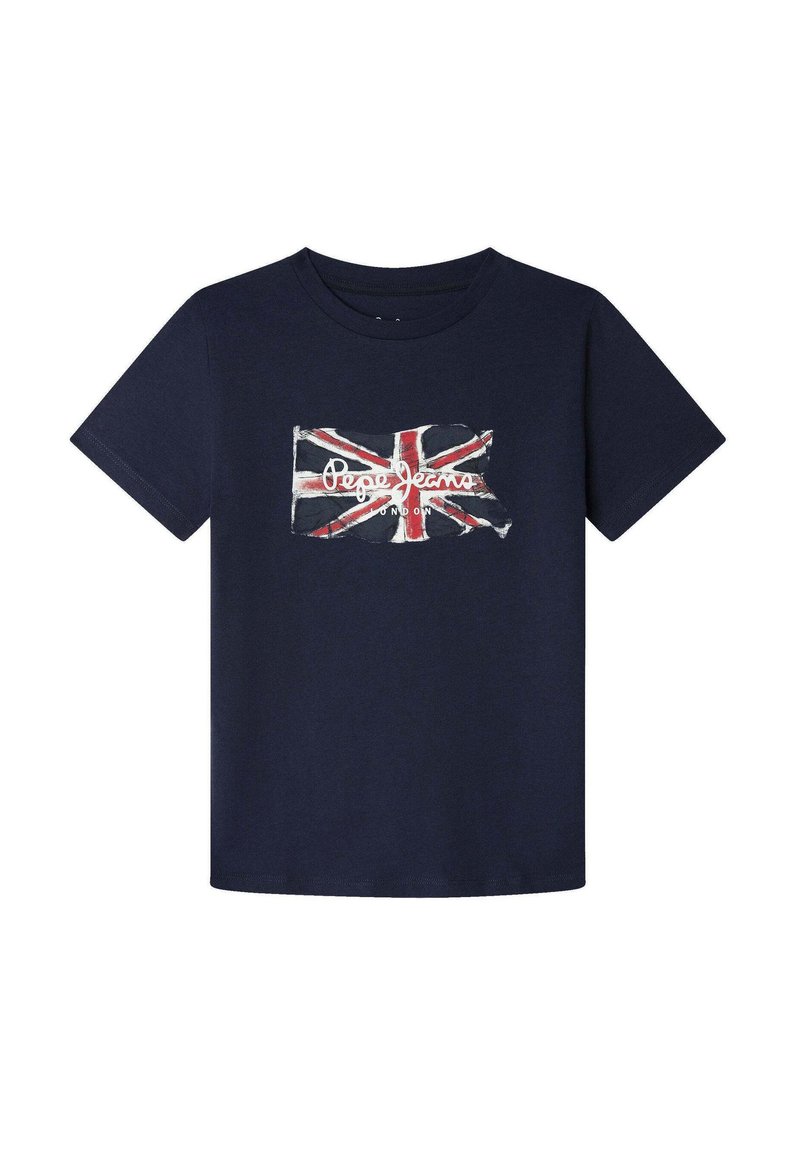 Marineblå bomulds t-shirt med et slidt Union Jack-flagdesign og teksten "Pepe Jeans London" under flaget. Korte ærmer, rund hals.