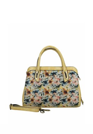 Handtas met beige handvaten en afwerking, met een bloemenpatroon in blauw, roze en oranje, en een afneembare beige schouderriem aan de voorkant.