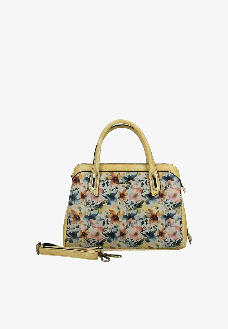 Sac à main avec poignées et bordures beiges, avec un motif floral bleu, rose et orange, et une bandoulière beige amovible placée à l'avant.