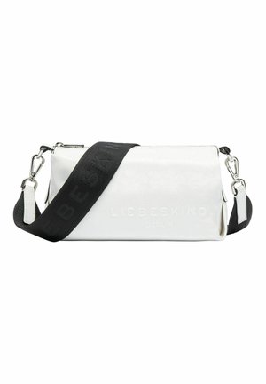 White rectangular bag with glossy finish, embossed brand logo, and adjustable black strap featuring woven texture and branding.
