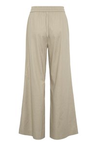 Pantaloni beige a gamba larga realizzati in tessuto leggero con cintura elastica, caratterizzati da una texture liscia e senza motivi o dettagli visibili.