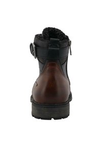 Schwarze und braune Knöchelstiefel mit oberem Textilmaterial, Kunstpelzfutter, hinterem Reißverschluss und Gummisohle. Verfügt über einen dekorativen Riegel und einen Schnallenverschluss.