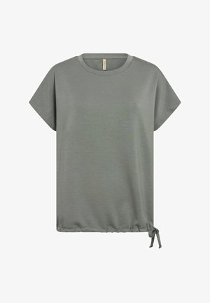 Olijfgroene dames top met korte mouwen en ronde halslijn, inclusief verstelbare trekkoord onderkant, tegen een witte achtergrond.