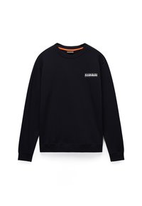 Black sweatshirt with a crew neckline, ribbed cuffs and hem, featuring a white logo on the chest. Soft texture and casual design.