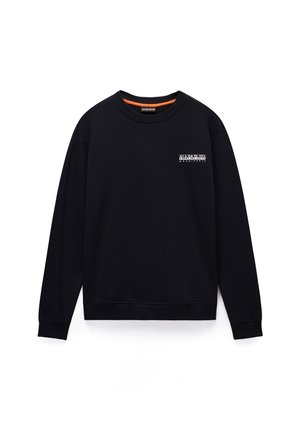 Black sweatshirt with a crew neckline, ribbed cuffs and hem, featuring a white logo on the chest. Soft texture and casual design.