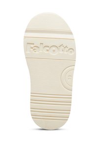 Sole di una scarpa per bambino beige con il marchio "Falcotto" impresso e una marcatura della taglia 19 nella zona del tallone.