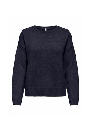 Pull en maille bleu marine foncé à manches longues avec un col rond et des poignets et un ourlet côtelés, présenté sur fond blanc.