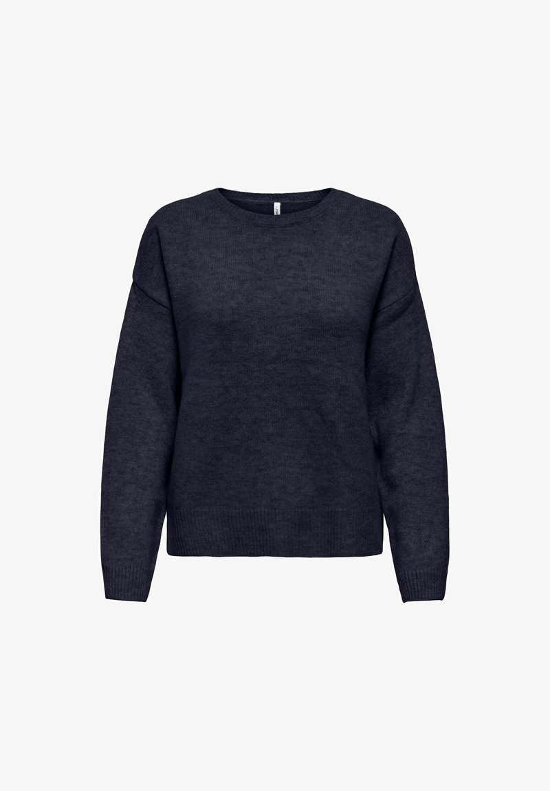 Pull en maille bleu marine foncé à manches longues avec un col rond et des poignets et un ourlet côtelés, présenté sur fond blanc.