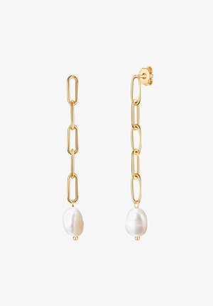 Gold-tone chain link earrings featuring irregular white pearls at the bottom, offering a sleek, elongated design and polished finish.