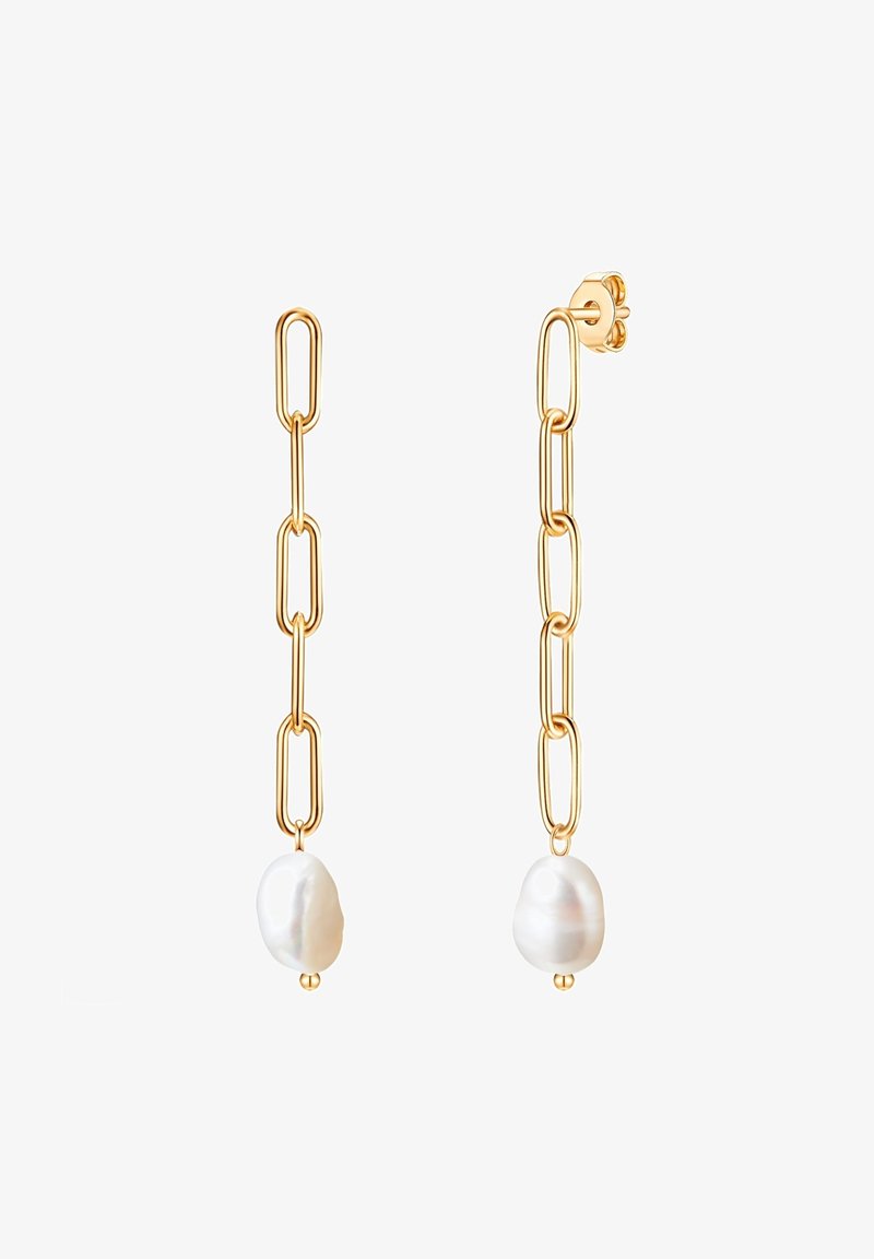 Zelta tonī ķēdes auskari ar neregulārām baltām pērļu rotājumiem apakšā, piedāvājot elegantu, izstieptu dizainu un pulētu apdari.