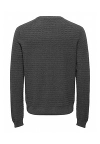 Pull gris foncé à manches longues avec motif tricot gaufré texturé, poignets, ourlet et encolure ronde côtelés, montré de dos sur fond blanc.