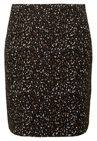 Svart mini kjol med ett texturerat mönster som har vita, grå och rödbruna fläckar. Tillverkad av mjukt material med en figursydd silhuett. Inga synliga stängningar.