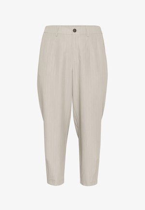 Heledad hallhallusega heledad hallid püksid, mis on varustatud nupuga sulgemisega, kitseneva sääre disainiga ja küljetaskutega. Valmistatud siledast kangast, millel on terav tekstuur.