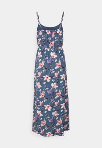 Lång, ärmlös klänning i mörkblått tyg med ett blommigt mönster av rosa och lila blommor, gathered midja och justerbara band.