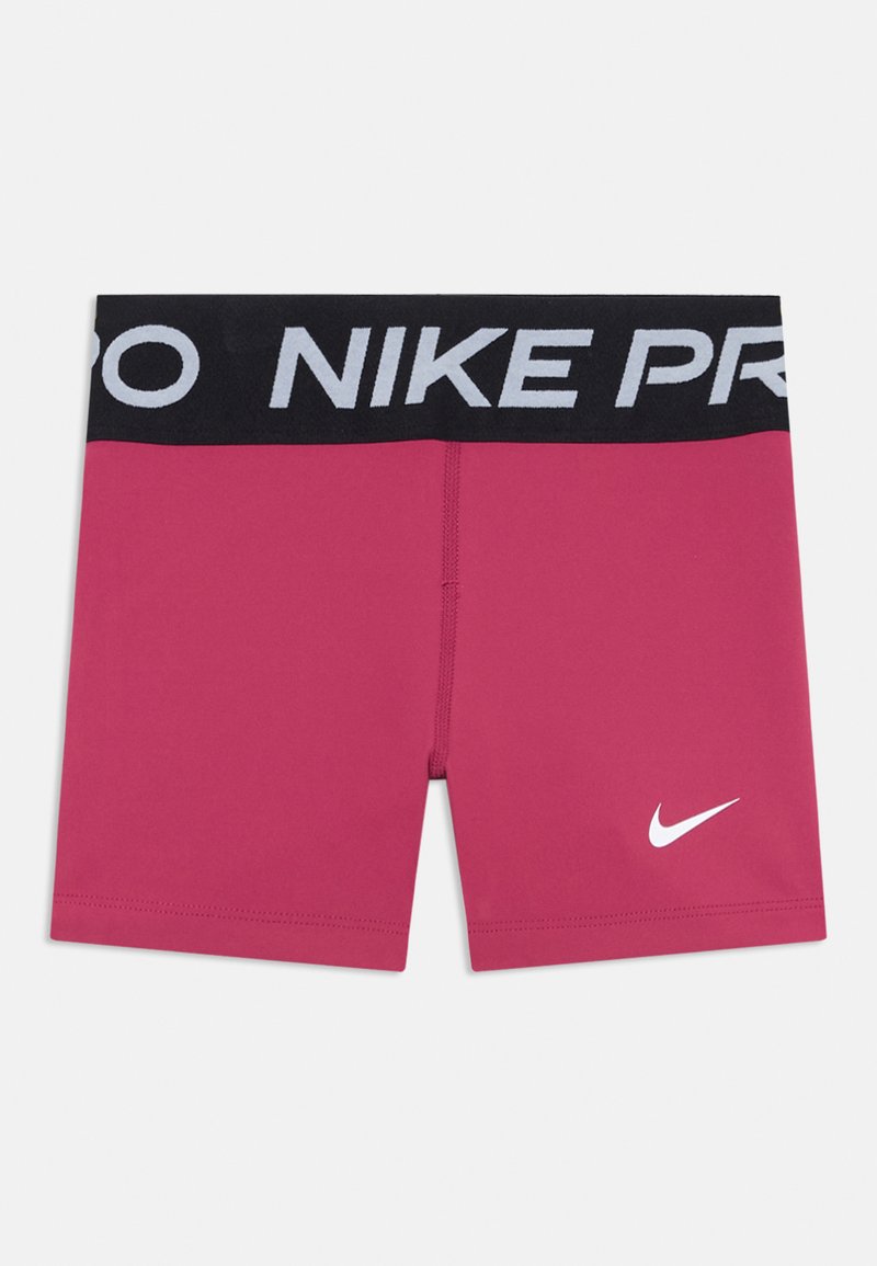 Nike Pro sporta šorti spilgti rozā krāsā ar melnu jostu, uz kuras ir balta "NIKE PRO" uzraksts un neliels balts Nike logotips.