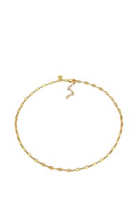 Gold chain necklace with oval links, featuring a textured surface and a clasp closure. Adjustable length with extending chain.