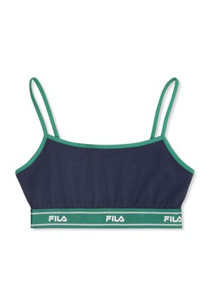 Granatowy biustonosz z zielonym wykończeniem, cienkimi regulowanymi ramiączkami oraz zieloną opaską z białym logo "FILA". Miękki, elastyczny materiał.