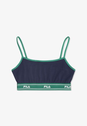 Granatowy biustonosz z zielonym wykończeniem, cienkimi regulowanymi ramiączkami oraz zieloną opaską z białym logo "FILA". Miękki, elastyczny materiał.