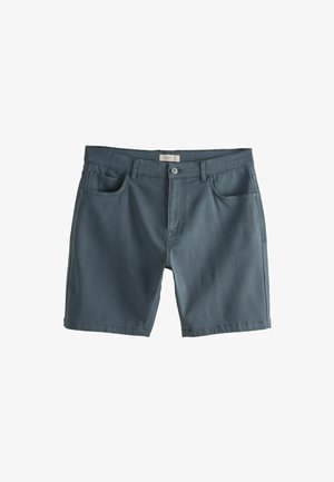 Pantaloncini casual grigio scuro con chiusura frontale con bottone e zip, passanti per cintura e due tasche frontali.